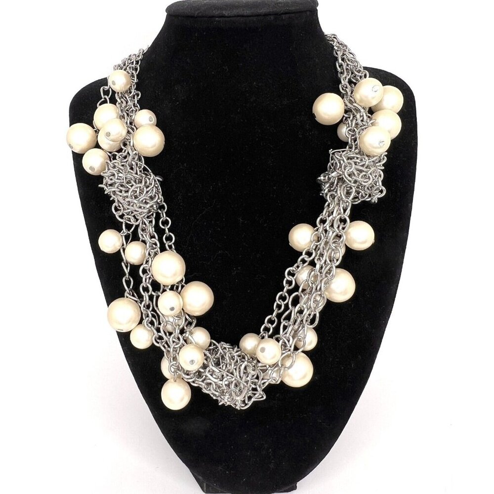 Vtg Silver Knot Multi Chain Faux Pearl Statement Necklace Edgyโ Chunky Jewelry
